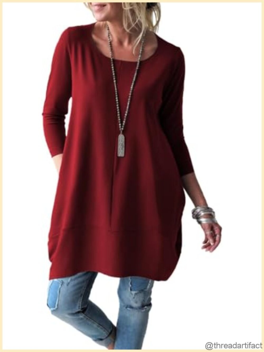 Long Sleeve Tunic Top Women Casual Round Neck Loose Fit Blouse with Pockets